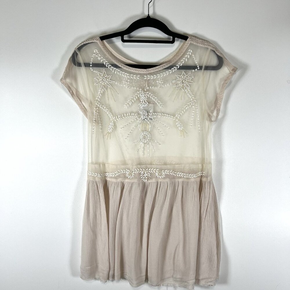 Free People‎ Top Womens Cream Sheer Beaded Mesh Boho Lace Top Size M NWT Boho